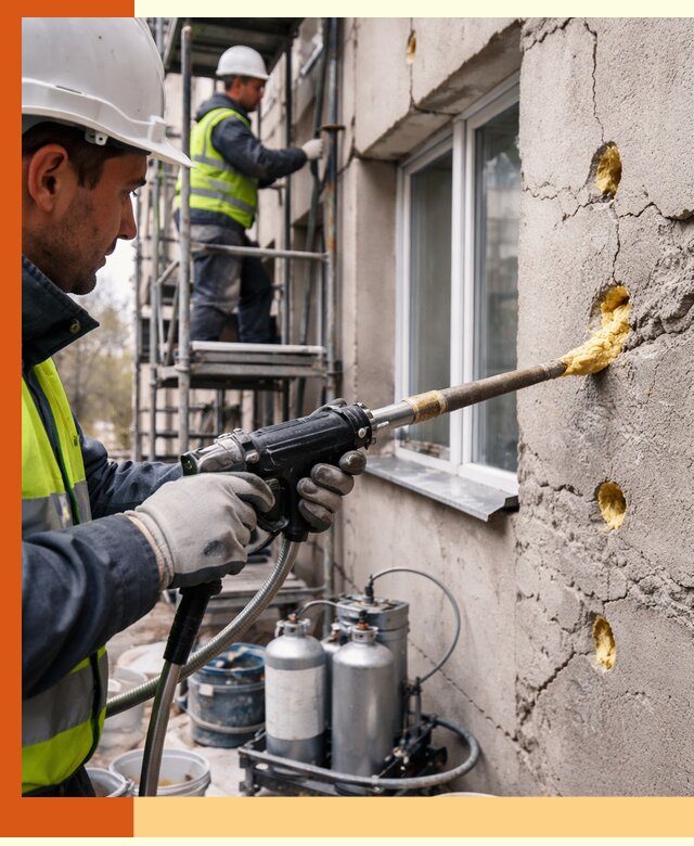 Заполнение пустот в фасаде и утепление стен в Каспийске