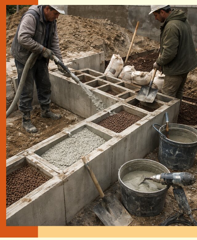 Заполнение полостей фундамента в Каспийске герметичным утеплением и повышением прочности
